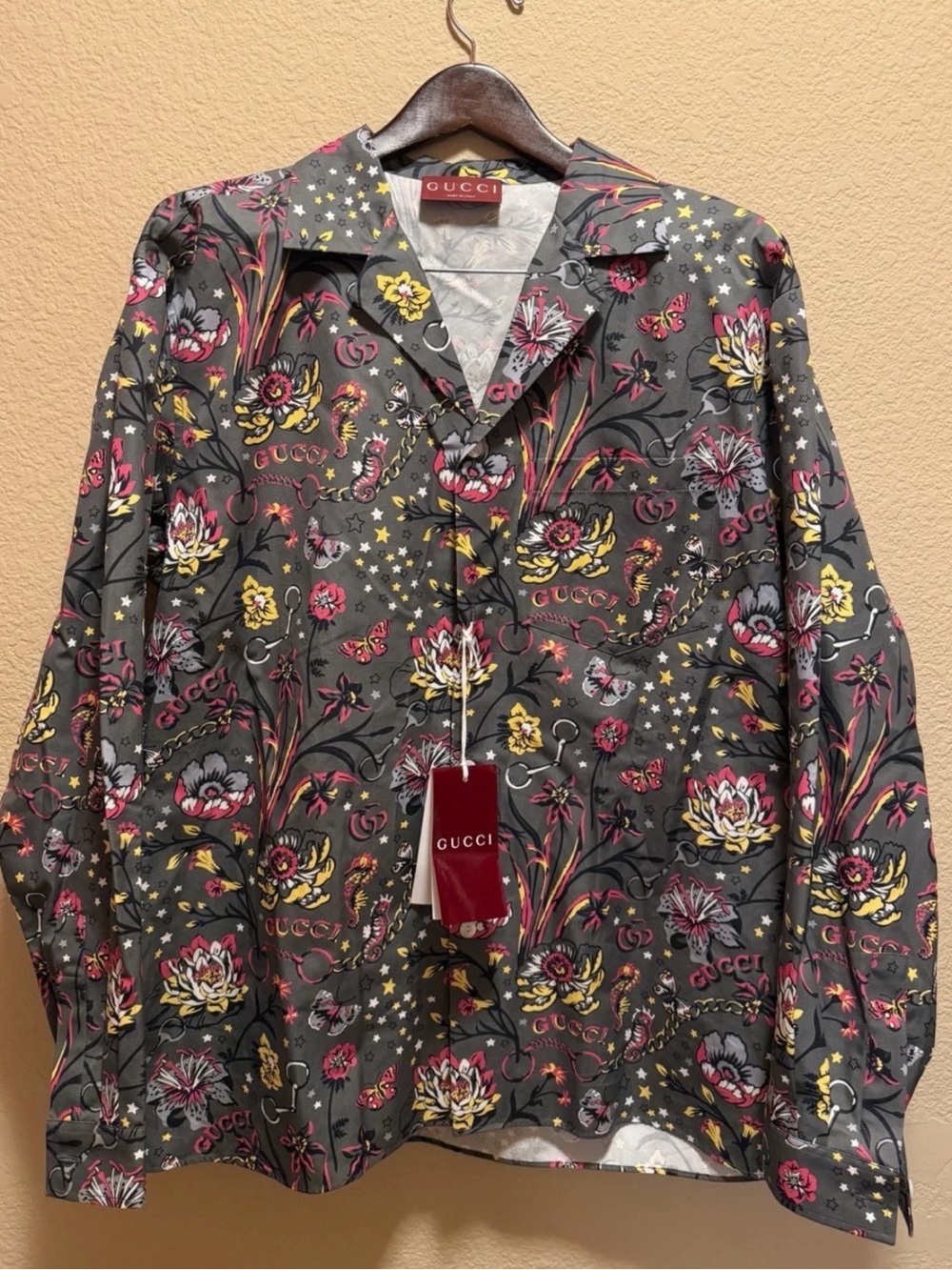 New Authentic Gucci GG Logo Button Up Floral Shirt Gray Size IT 50 / US L